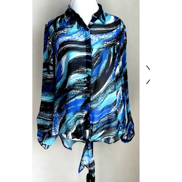 sheer tropical Women’s Blouse sea blue ocean vacation long Sleeve resort wear L - Picture 1 of 8
